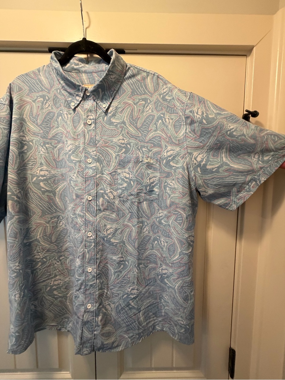 Huk Kona Light Blue Sailfish Marble-Print Short Sleeve Button-Down Shirt